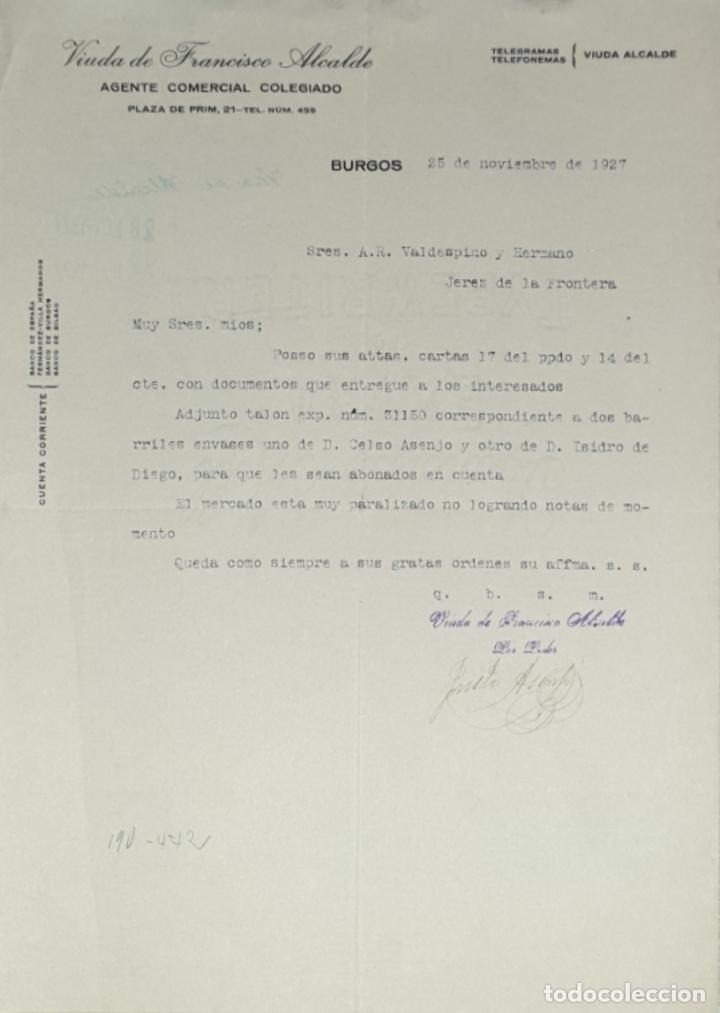 Gesch&auml;ftsbriefe: Carta comercial. Viuda de Francisco Alcalde. Agente Comercial Colegiado. Burgos. Espa&ntilde;a 1927