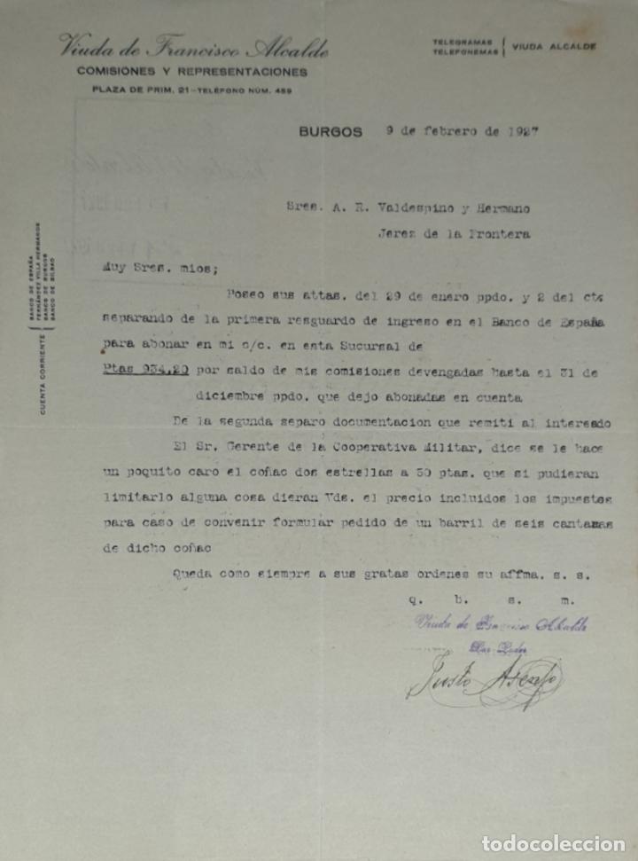 Gesch&auml;ftsbriefe: Carta comercial. Viuda de Francisco Alcalde. Agente Comercial Colegiado. Burgos. Espa&ntilde;a 1927