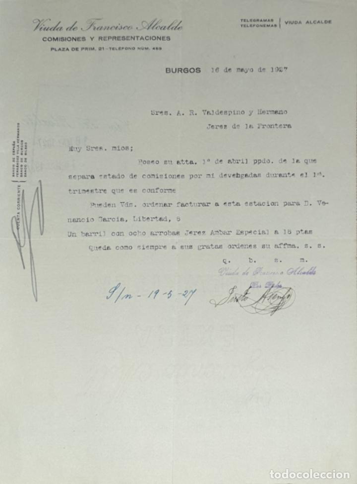 Gesch&auml;ftsbriefe: Carta comercial. Viuda de Francisco Alcalde. Agente Comercial Colegiado. Burgos. Espa&ntilde;a 1927