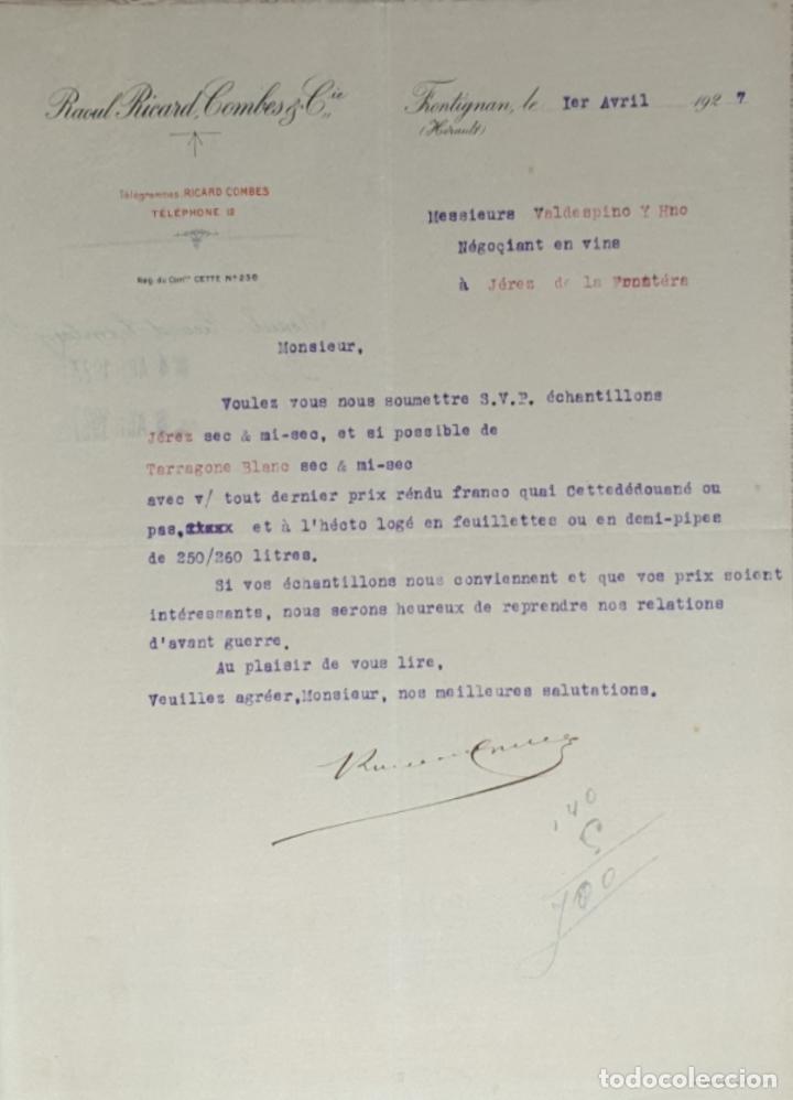 Gesch&auml;ftsbriefe: Carta comercial. Raoul Ricard Combes & C&iacute;e. Fontignan. Francia 1927
