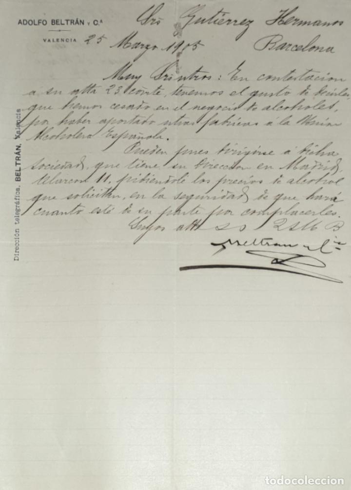 Gesch&auml;ftsbriefe: Carta comercial. Adolfo Beltr&aacute;n y C&ordf;. Valencia. Espa&ntilde;a 1905