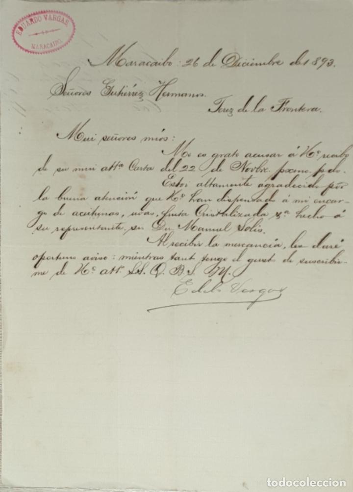 Gesch&auml;ftsbriefe: Carta comercial. Eduardo Vargas. Importador Viveres. Maracaibo. Venezuela 1893