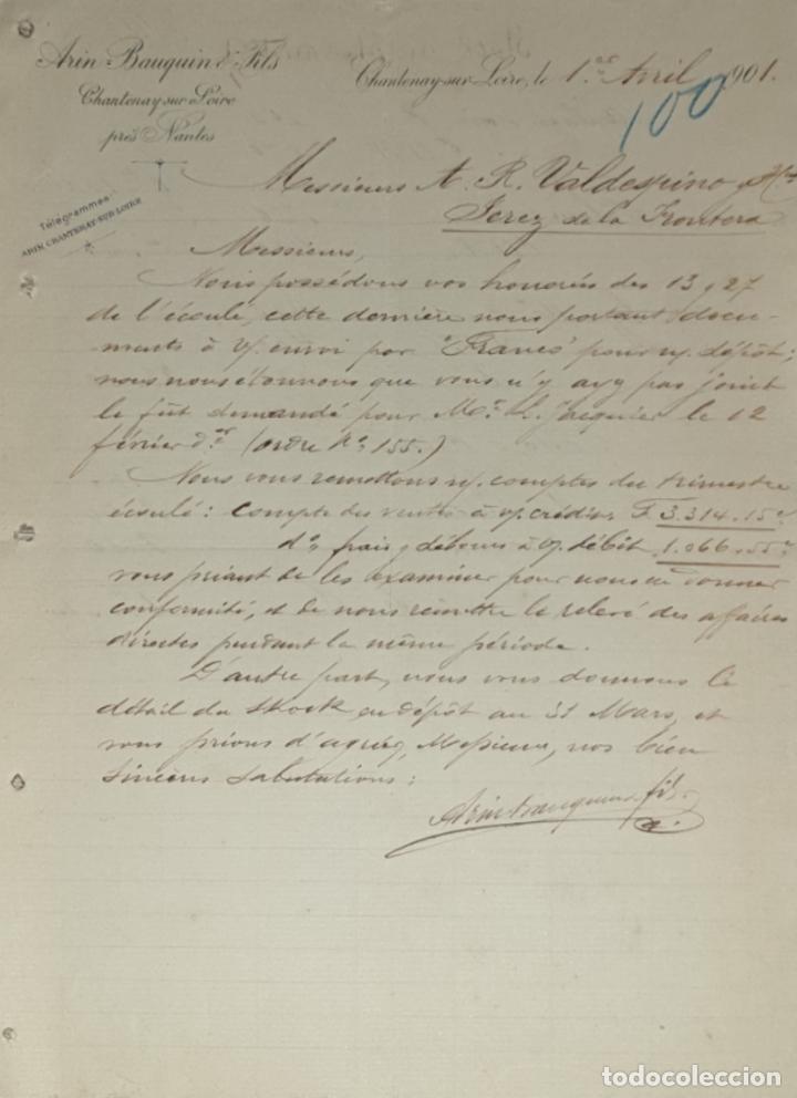 Gesch&auml;ftsbriefe: Carta comercial. Arin Bauquin & Fils. Chantenay-sur-Loire. Francia 1901