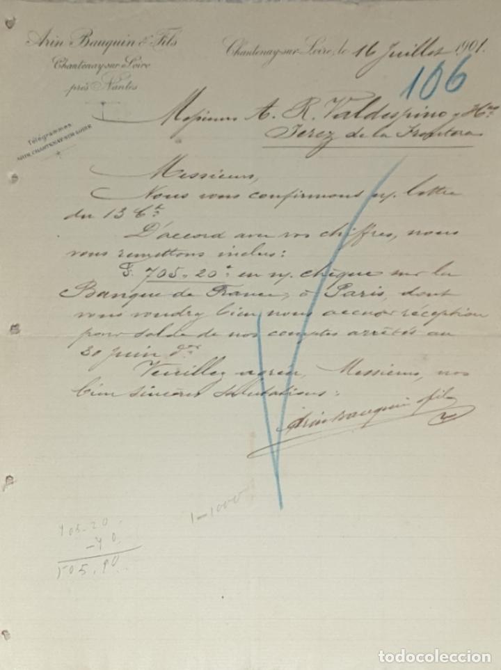 Gesch&auml;ftsbriefe: Carta comercial. Arin Bauquin & Fils. Chantenay-sur-Loire. Francia 1901