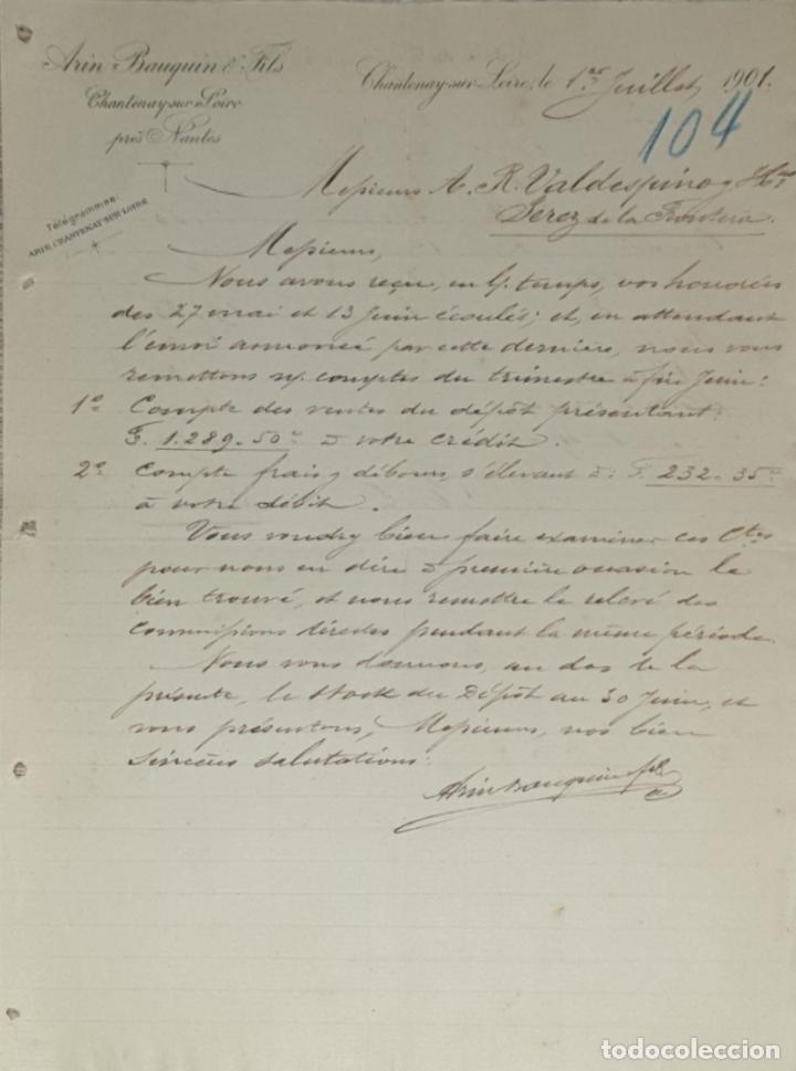 Gesch&auml;ftsbriefe: Carta comercial. Arin Bauquin & Fils. Chantenay-sur-Loire. Francia 1901