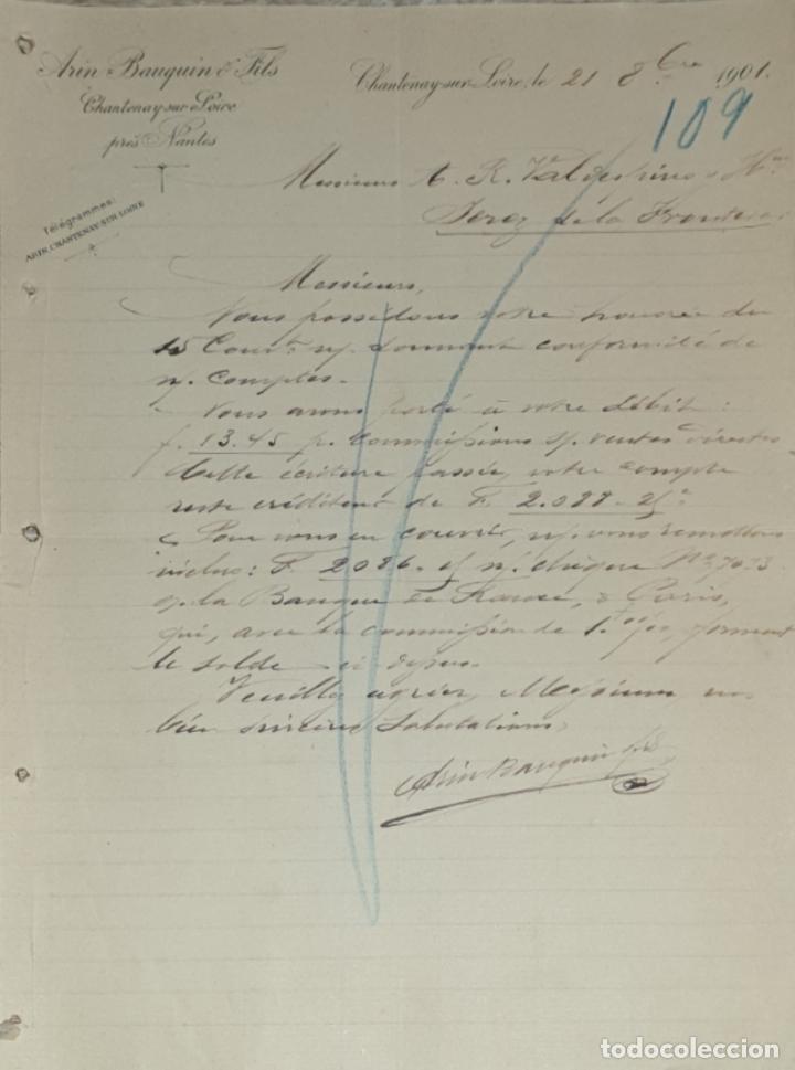 Gesch&auml;ftsbriefe: Carta comercial. Arin Bauquin & Fils. Chantenay-sur-Loire. Francia 1901