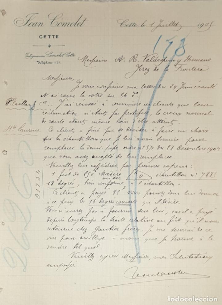 Gesch&auml;ftsbriefe: Carta comercial. Jean Comolet. Cette. Francia 1905