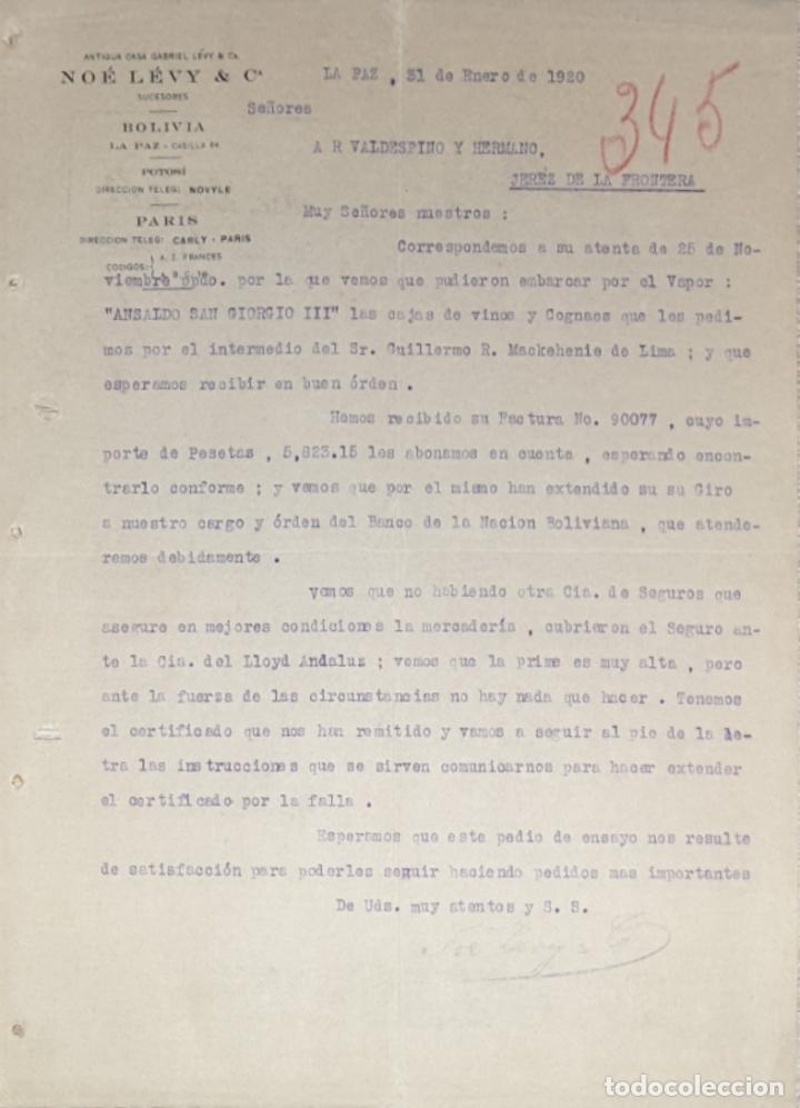 Lettres commerciales: Carta comercial. No&eacute; L&eacute;vy & C&ordm;. Sucesores. La Paz. Bolivia 1920
