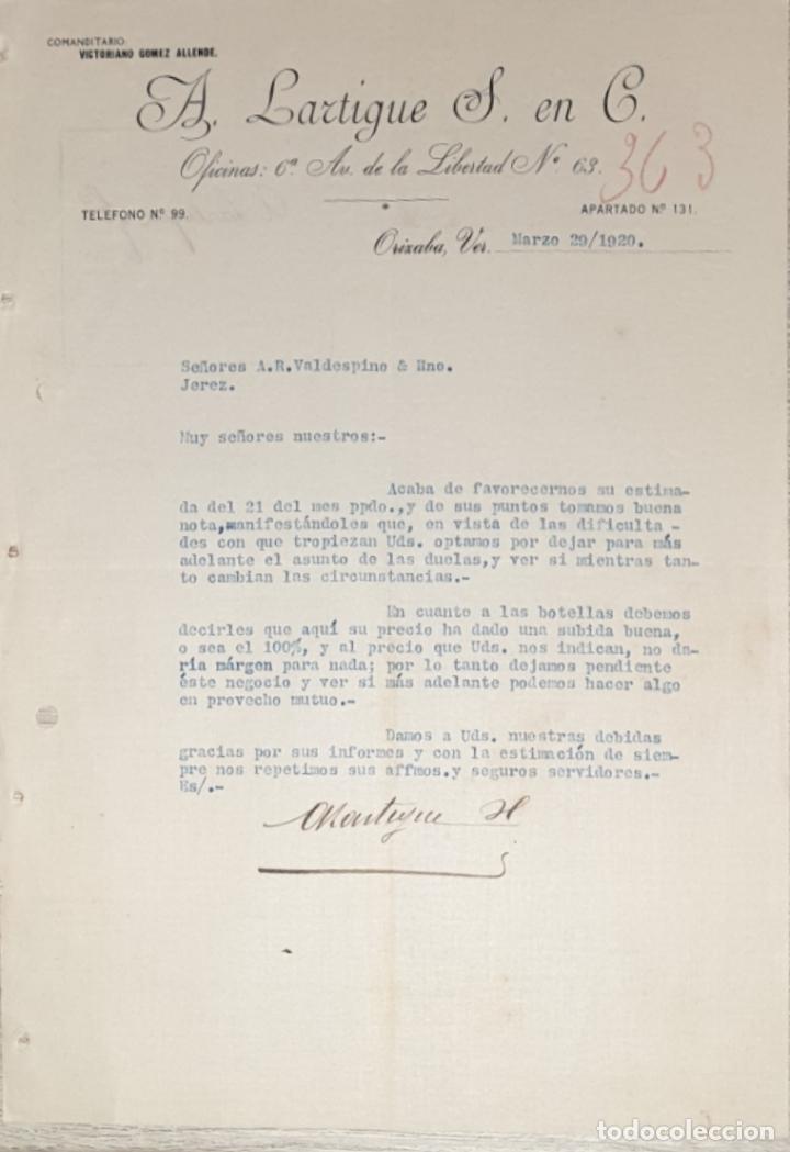 Lettres commerciales: Carta comercial. A. Lartigue S. en C. Victoriano Gomez Allende. Orizaba. M&eacute;xico 1920