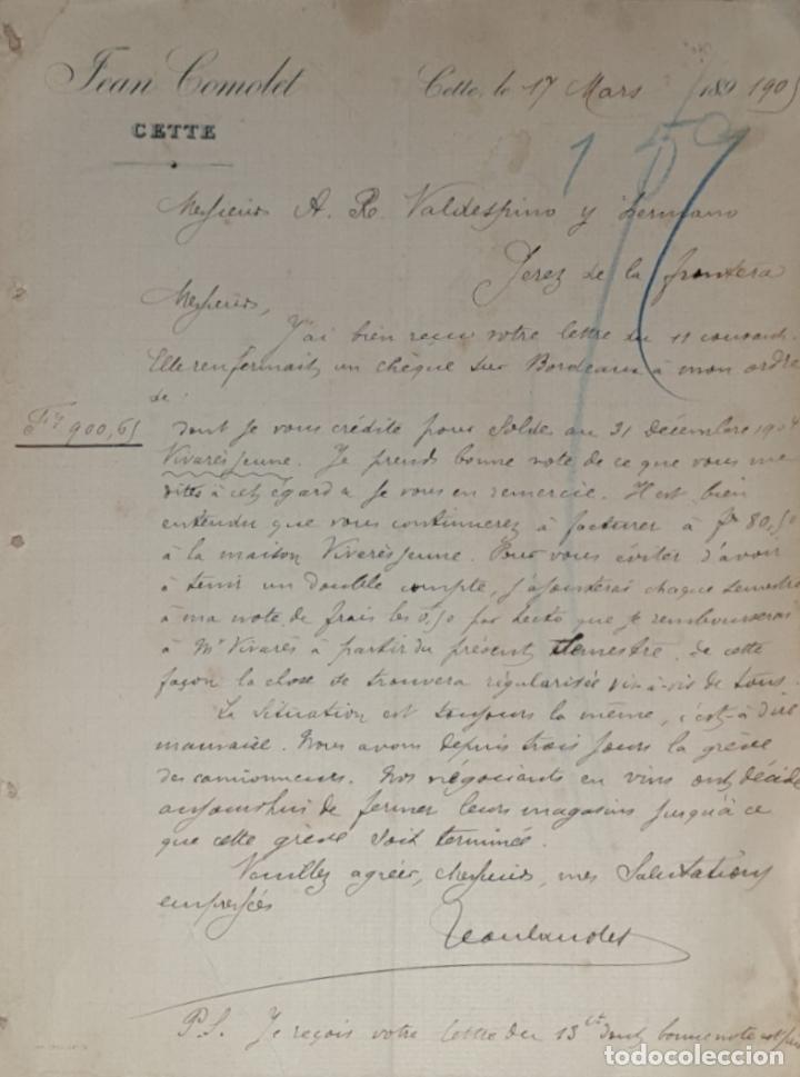 Lettres commerciales: Carta comercial. Jean Comolet. Cette. Francia 1905