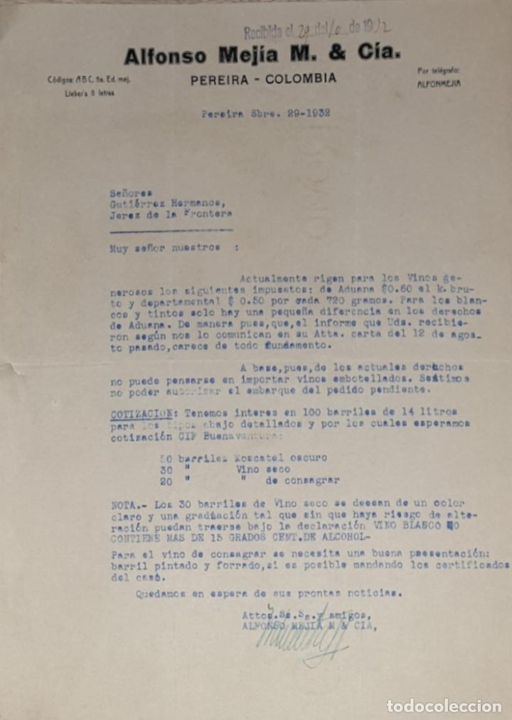 Lettres commerciales: Carta comercial. Alfonso Mej&iacute;a M. & C&iacute;a. Pereira. Colombia 1932
