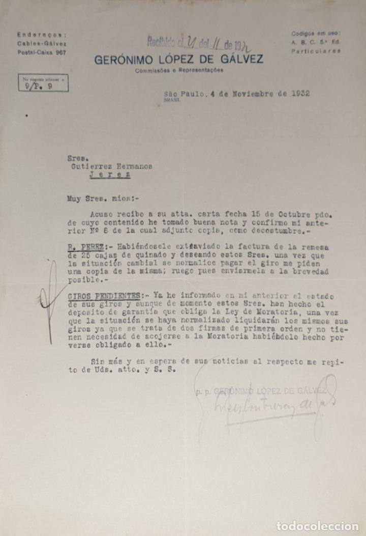 Commercial Letters: Carta comercial. Ger&oacute;nimo L&oacute;pez de G&aacute;lvez. Commissoes-Representacoes. Sao Paulo. Brasil 1932