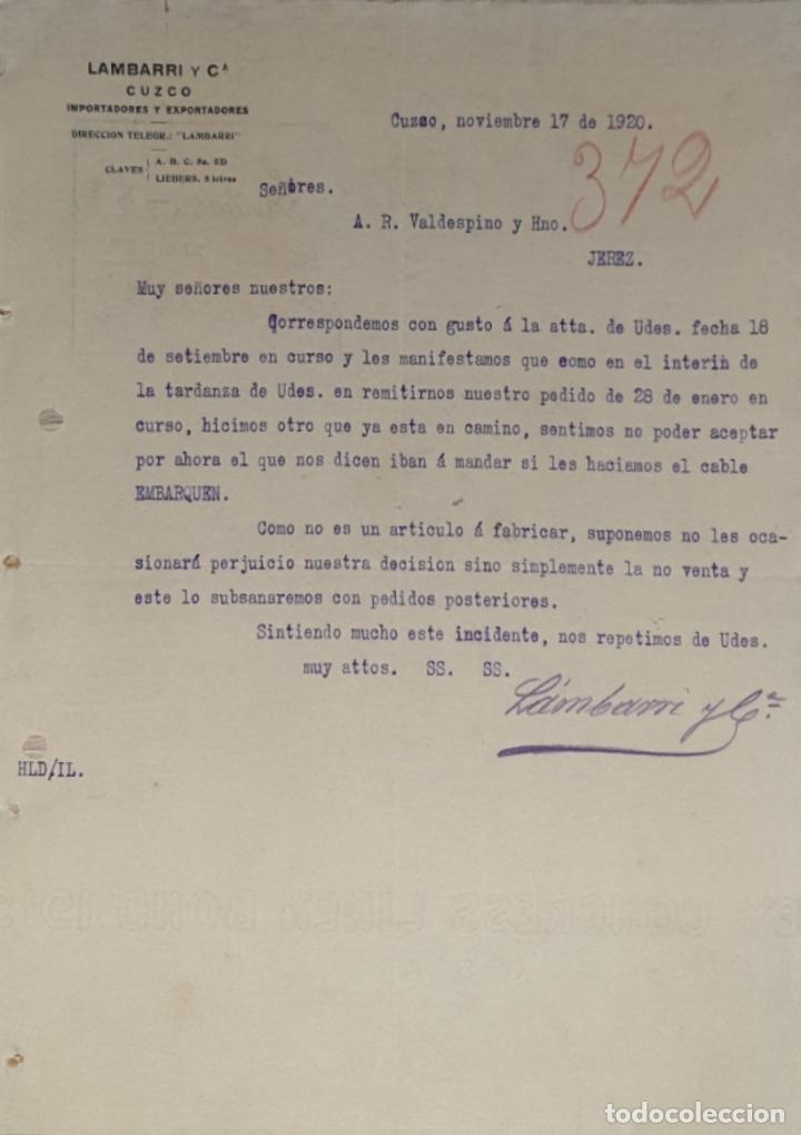 Commercial Letters: Carta comercial. Lambarri y C&ordf;. Importadores y Exportadores. Cuzco. Per&uacute; 1920