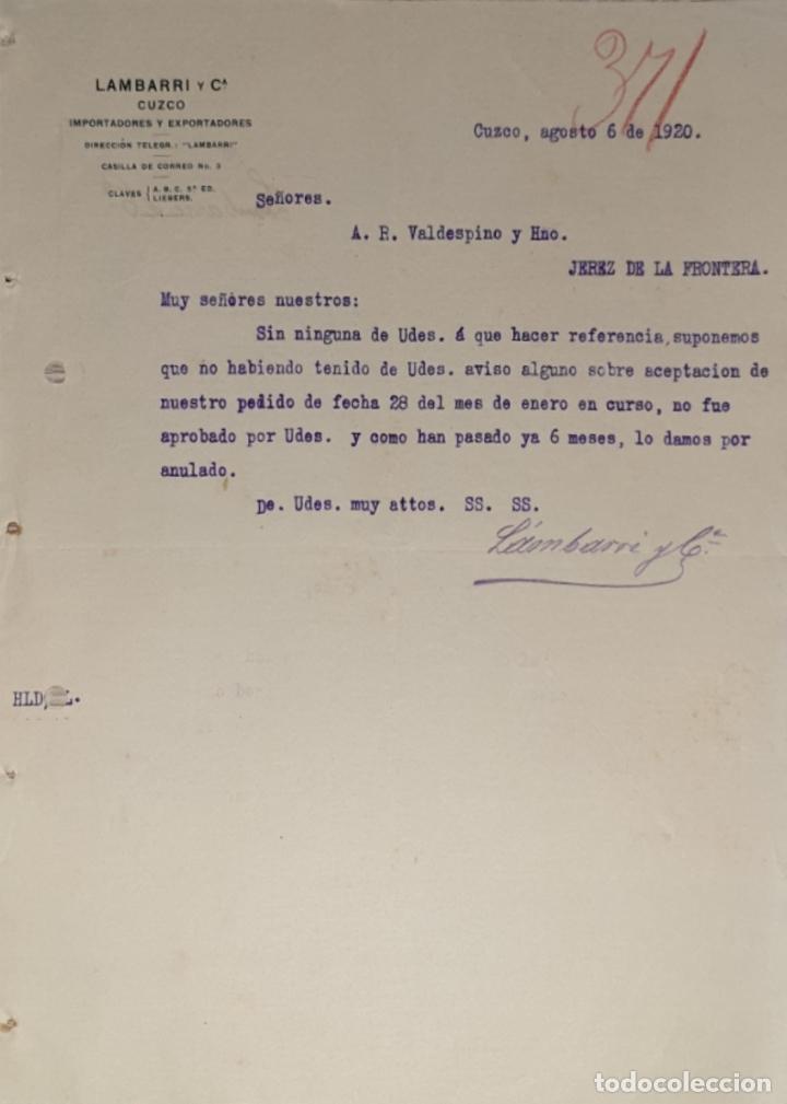 Commercial Letters: Carta comercial. Lambarri y C&ordf;. Importadores y Exportadores. Cuzco. Per&uacute; 1920