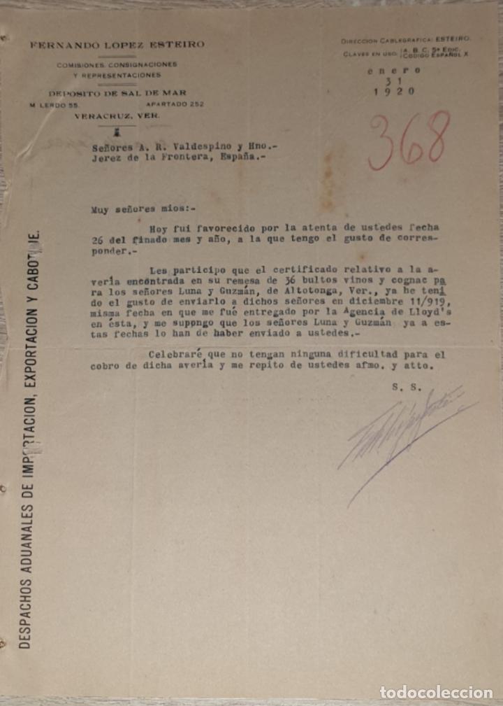 Commercial Letters: Carta comercial. Fernando L&oacute;pez esteiro. Comisiones-Consignaciones. Veracruz. M&eacute;xico 1920