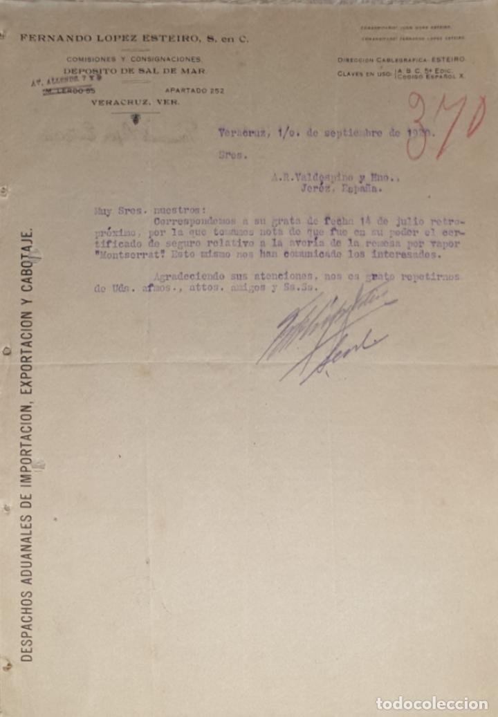 Commercial Letters: Carta comercial. Fernando L&oacute;pez Esteiro. Comisiones-Consignaciones. Veracruz. M&eacute;xico 1920