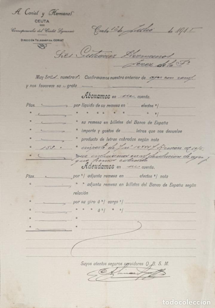 Commercial Letters: Carta comercial. A. Corial y Hermanos. Ceuta. Espa&ntilde;a 1915