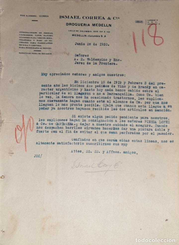 Commercial Letters: Carta comercial. Ismael Correa & C&iacute;a. Droguer&iacute;a Medellin. Colombia 1920