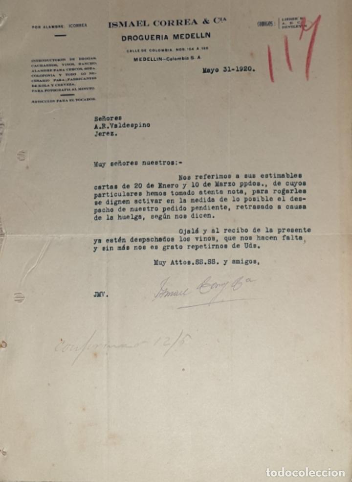 Commercial Letters: Carta comercial. Ismael Correa & C&iacute;a. Droguer&iacute;a Medellin. Colombia 1920