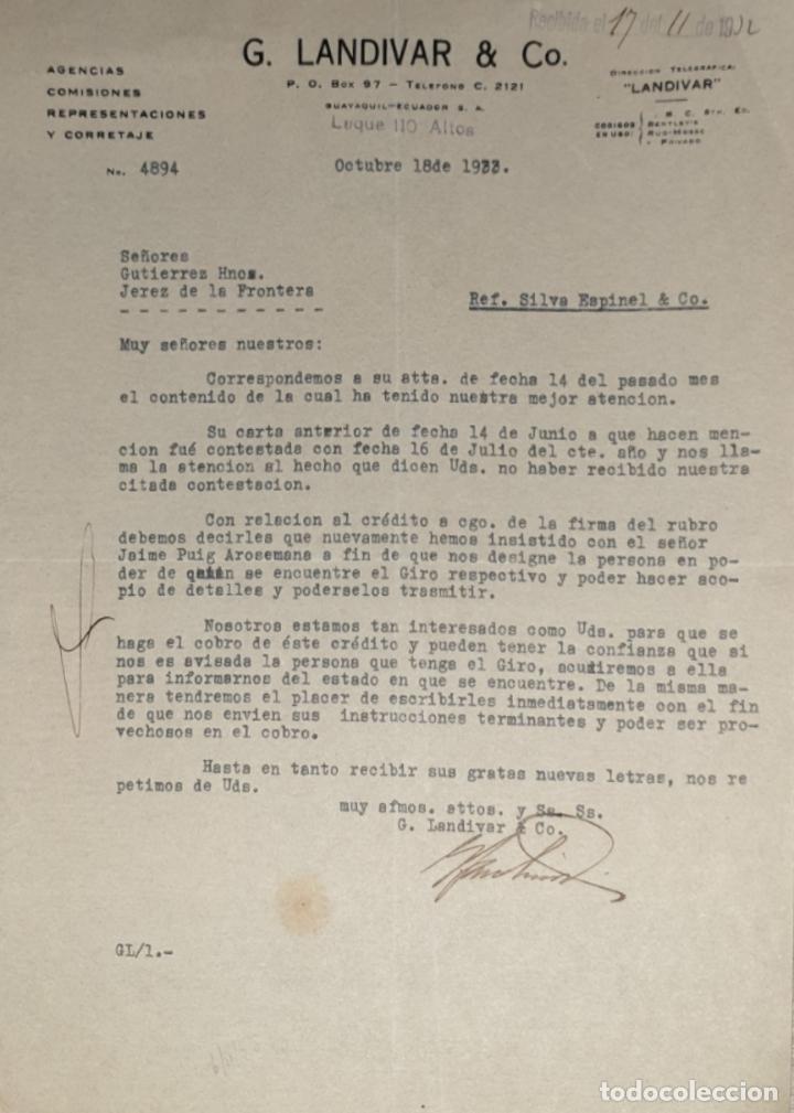 Commercial Letters: Carta comercial. G. Landivar & C&ordm;. Agencias-Comisiones. Guayaquil. Ecuador 1933
