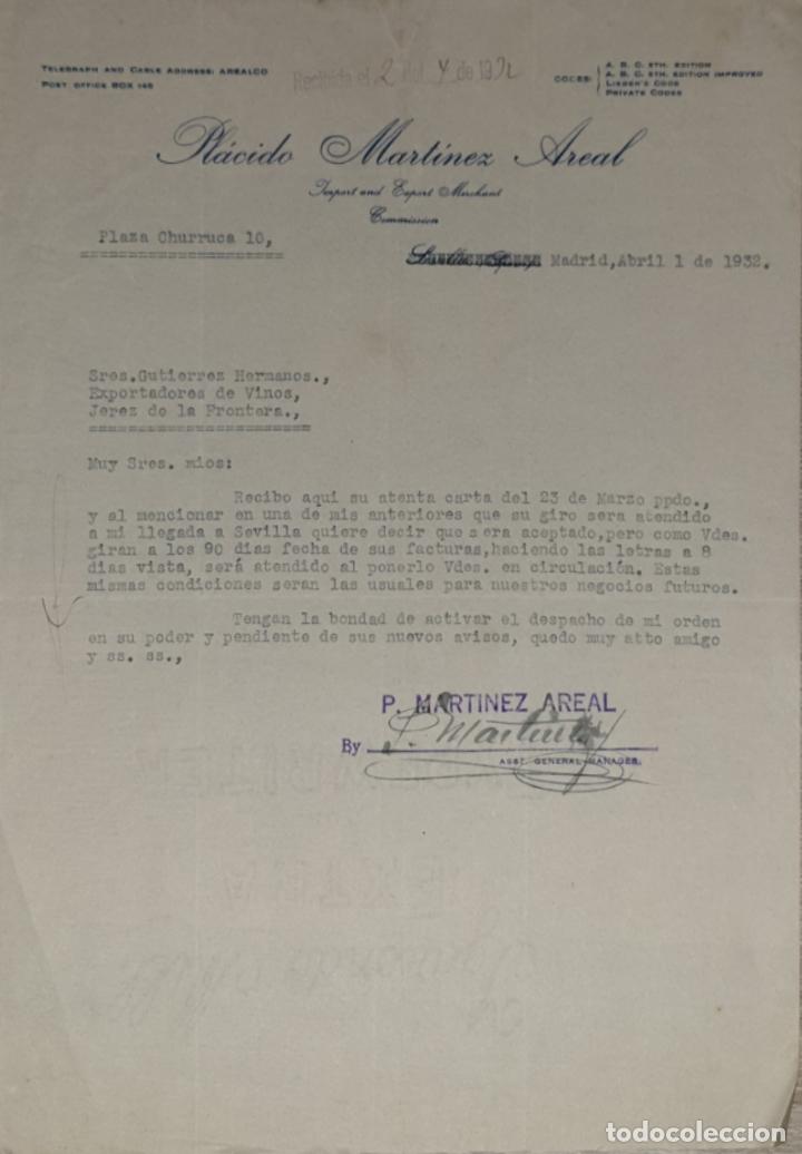 Commercial Letters: Carta comercial. Pl&aacute;cido Mart&iacute;nez Areal. Import and Export. Madrid. Espa&ntilde;a 1932