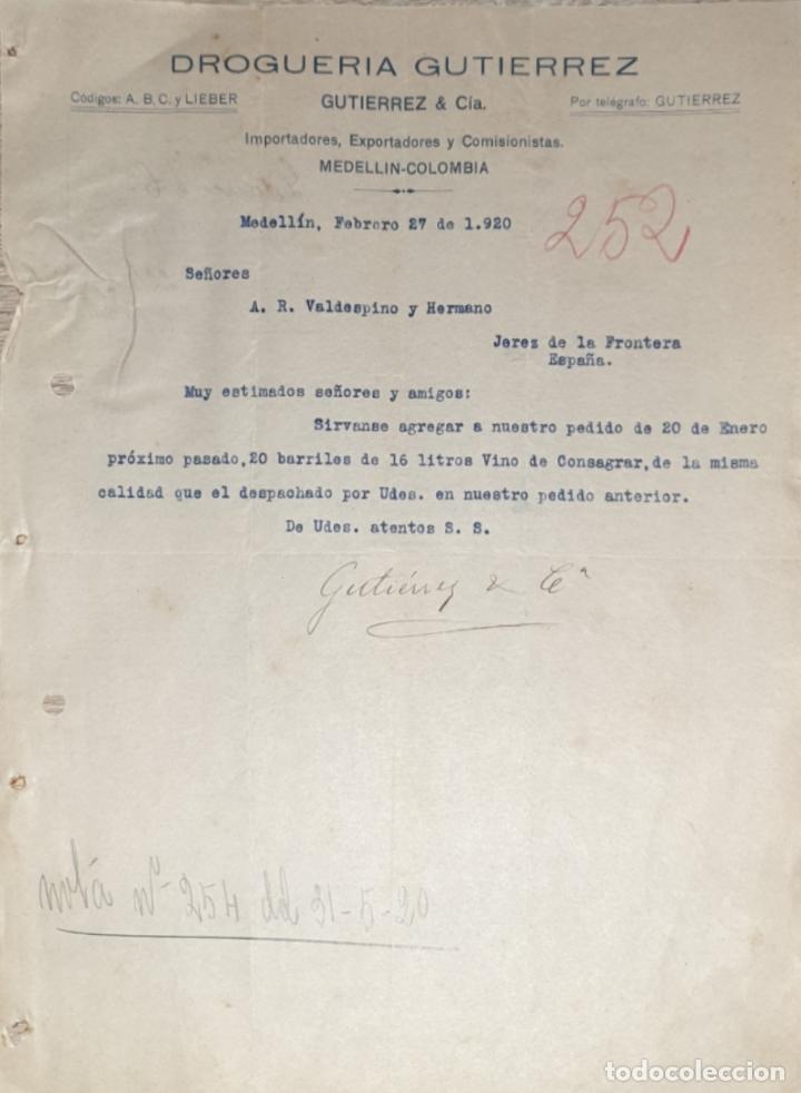 Commercial Letters: Carta comercial. Droguer&iacute;a Gutierrez & C&iacute;a. Medellin. Colombia 1920