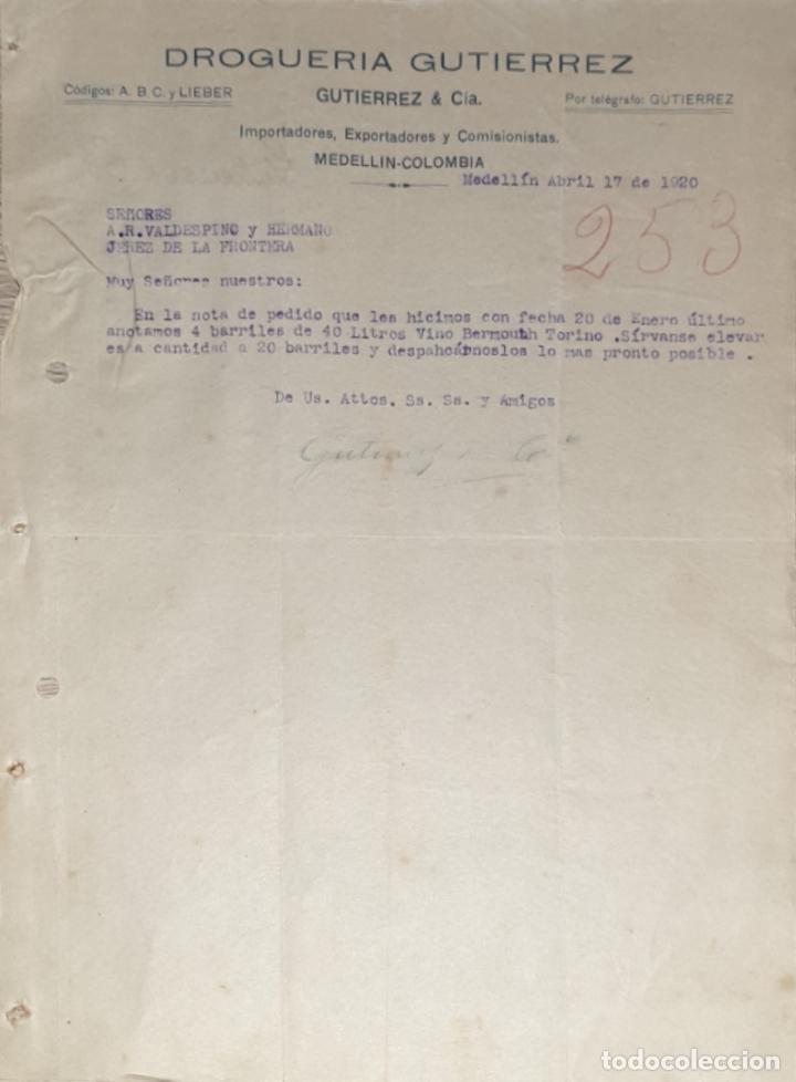 Commercial Letters: Carta comercial. Droguer&iacute;a Gutierrez & C&iacute;a. Medellin. Colombia 1920
