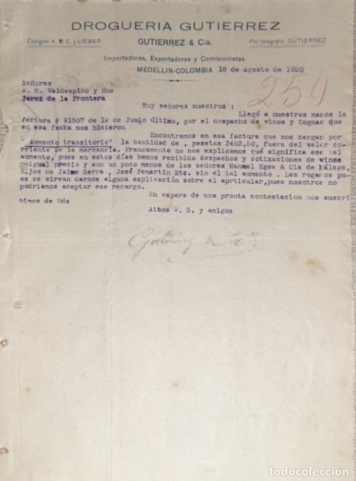 Commercial Letters: Carta comercial. Droguer&iacute;a Gutierrez & C&iacute;a. Medellin. Colombia 1920
