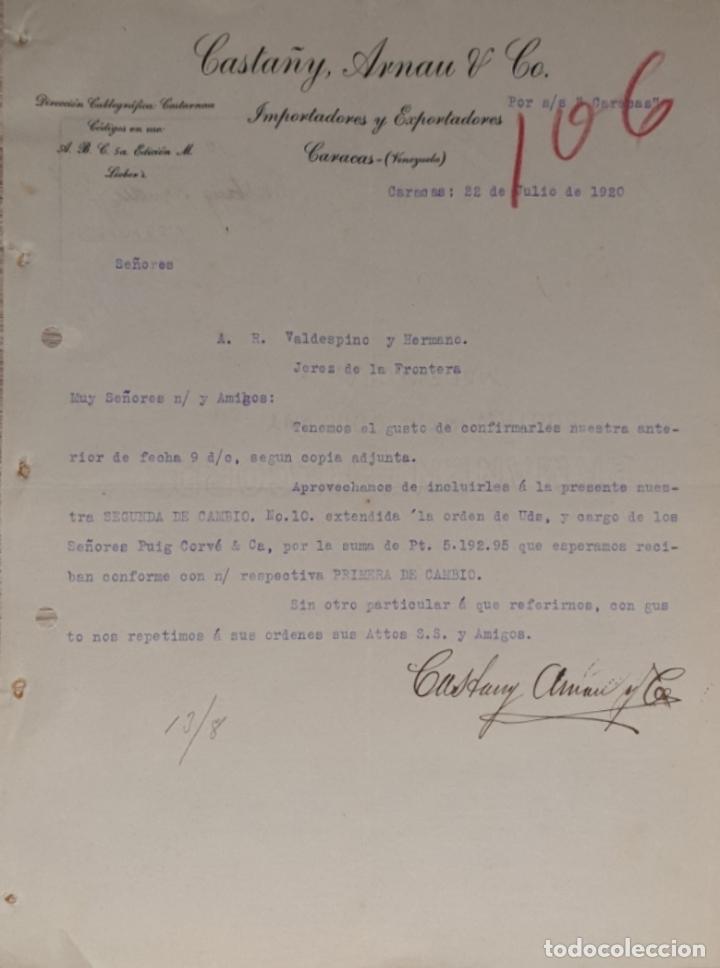 Commercial Letters: Carta comercial. Casta&ntilde;y, Arnau & C&ordm;. Importadores-Exportadores. Caracas. Venezuela 1920