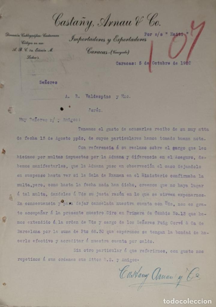 Commercial Letters: Carta comercial. Casta&ntilde;y, Arnau & C&ordm;. Importadores-Exportadores. Caracas. Venezuela 1920