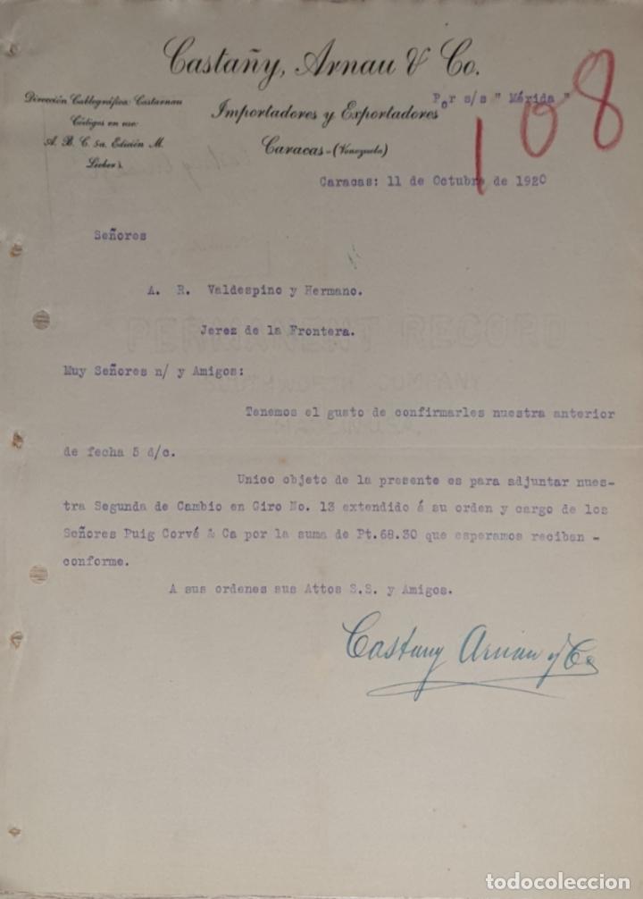 Commercial Letters: Carta comercial. Casta&ntilde;y, Arnau & C&ordm;. Importadores-Exportadores. Caracas. Venezuela 1920