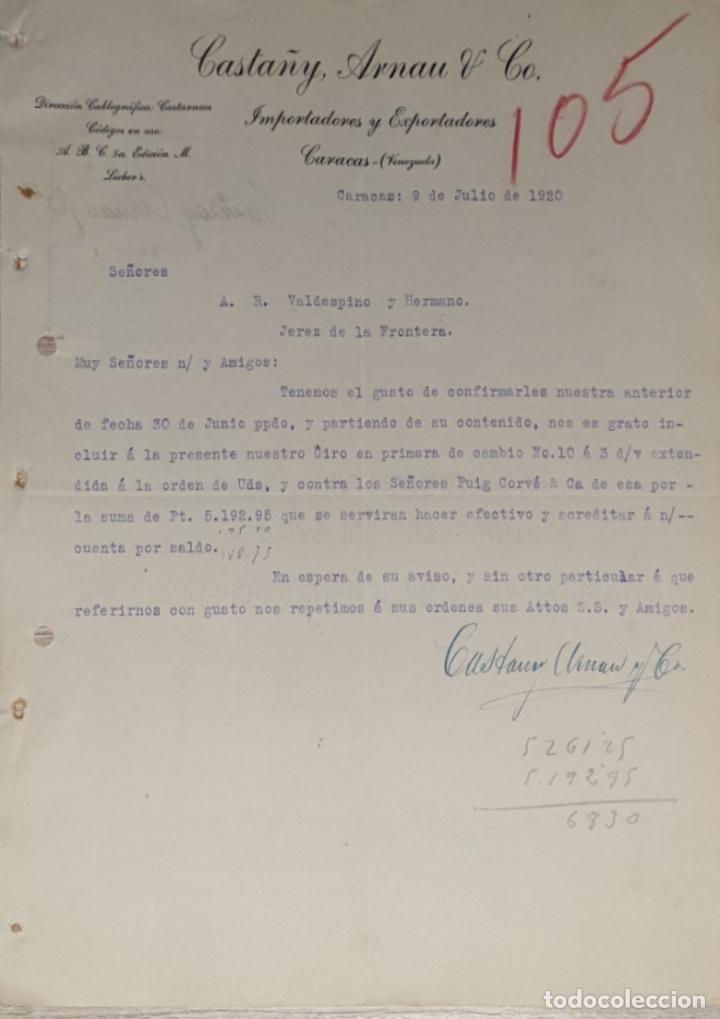 Commercial Letters: Carta comercial. Casta&ntilde;y, Arnau & C&ordm;. Importadores-Exportadores. Caracas. Venezuela 1920