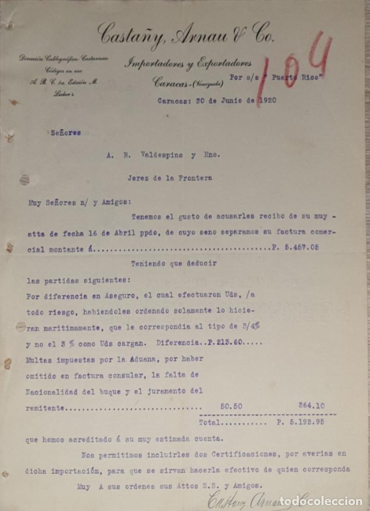 Commercial Letters: Carta comercial. Casta&ntilde;y, Arnau & C&ordm;. Importadores-Exportadores. Caracas. Venezuela 1920