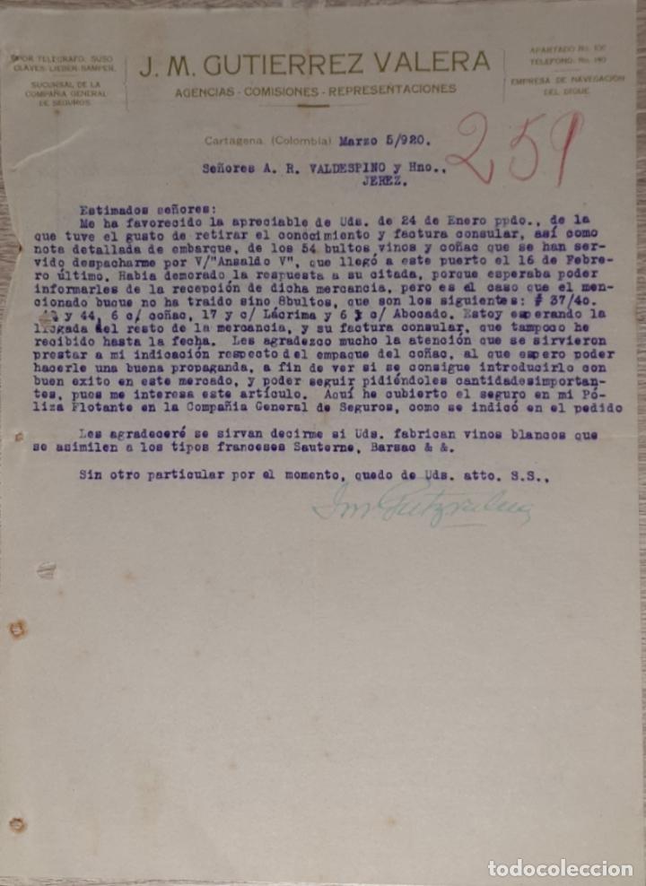 Commercial Letters: carta comercial. J.M. Gutierrez Valera. Agencias-Comisiones. Cartagena. Colombia 1920