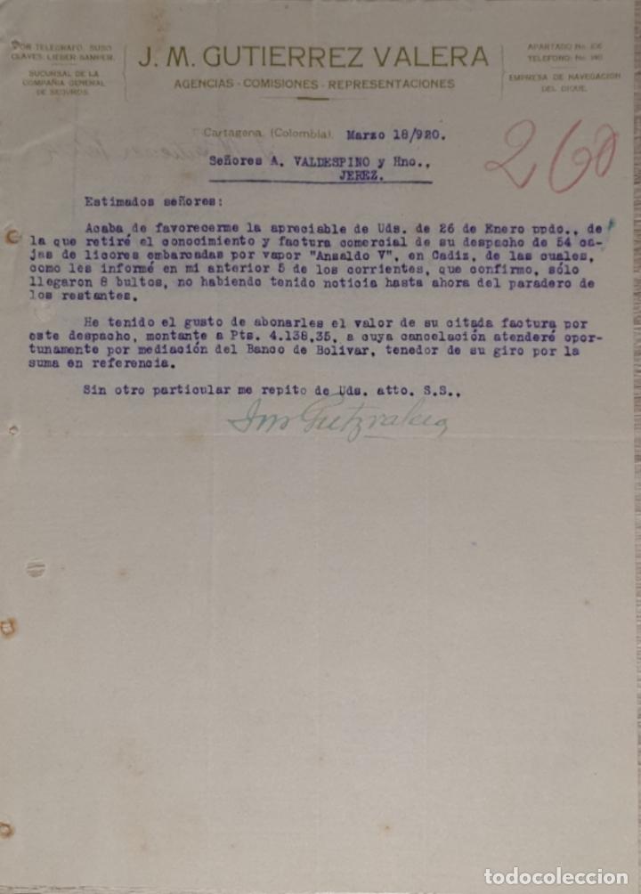 Commercial Letters: carta comercial. J.M. Gutierrez Valera. Agencias-Comisiones. Cartagena. Colombia 1920