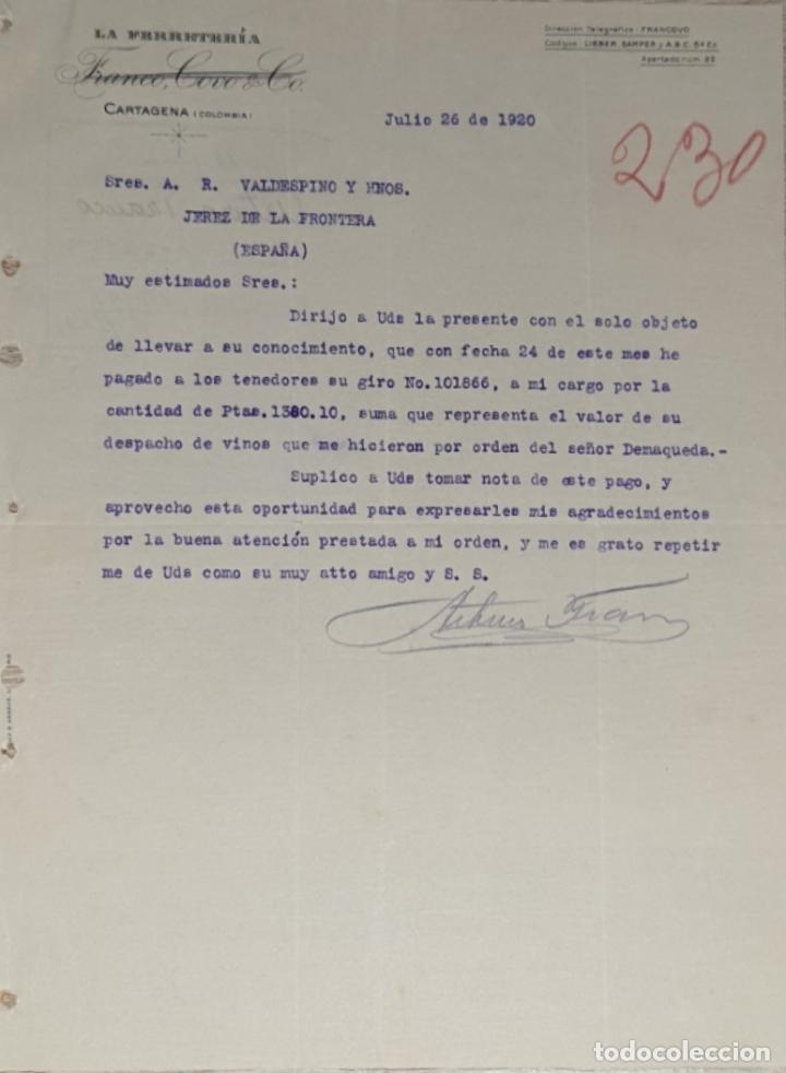 Commercial Letters: Carta comercial. Franco, Covo & C&ordm;. La Ferreter&iacute;a. Cartagena. Colombia 1920