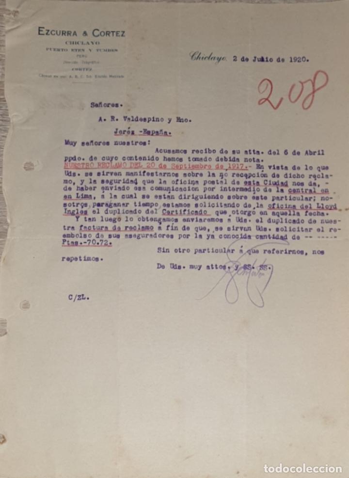 Commercial Letters: Carta comercial. Ezcurra & Cortez. Chiclayo. Per&uacute; 1920