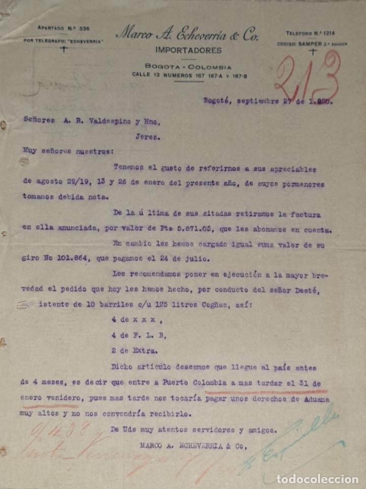 Commercial Letters: Carta comercial. Marco A. Echevarr&iacute;a & C&ordm;. Importadores. Bogot&aacute;. Colombia 1920