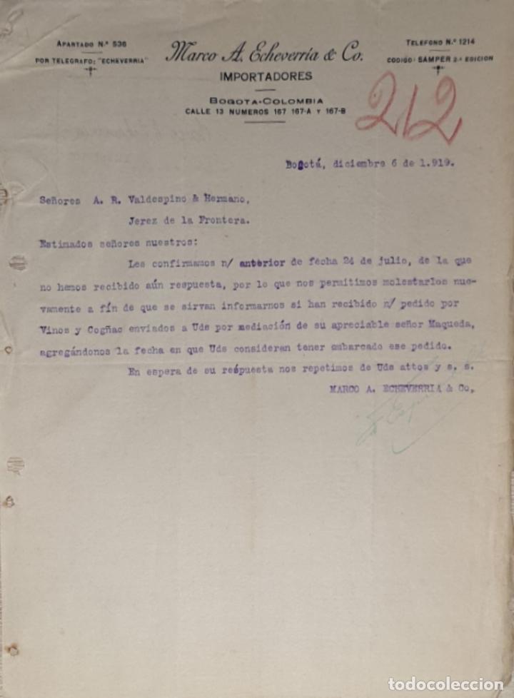 Commercial Letters: Carta comercial. Marco A. Echevarr&iacute;a & C&ordm;. Importadores. Bogot&aacute;. Colombia 1919