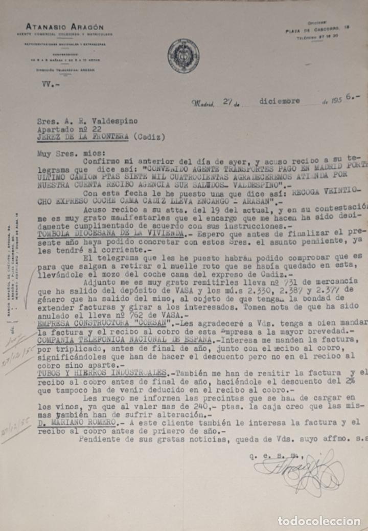 Commercial Letters: Carta comercial. Atanasio Arag&oacute;n. Agente Comercial colegiado. Madrid. Espa&ntilde;a 1956