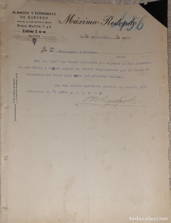 Cartas comerciales: Carta comercial. M&aacute;ximo Redondo. Almac&eacute;n y Economato de Quevedo. Madrid. Espa&ntilde;a 1920