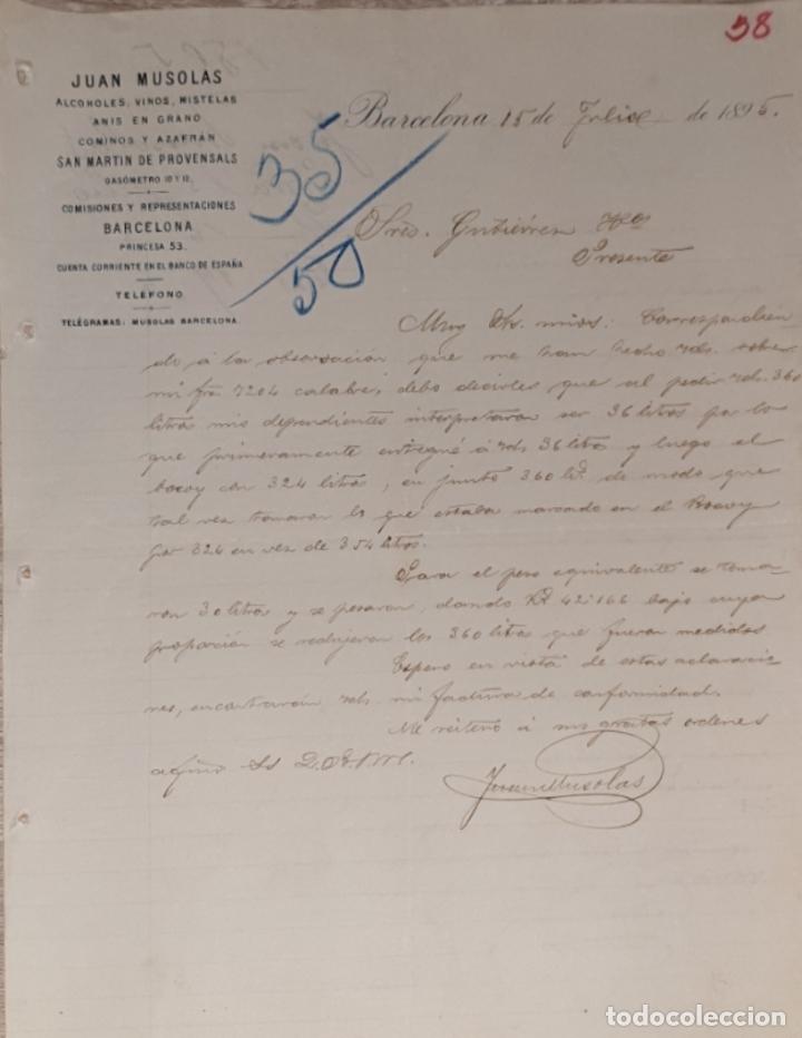 Commercial Letters: Carta comercial. Juan Musolas. Comisiones y Representaciones. Barcelona. Espa&ntilde;a 1895