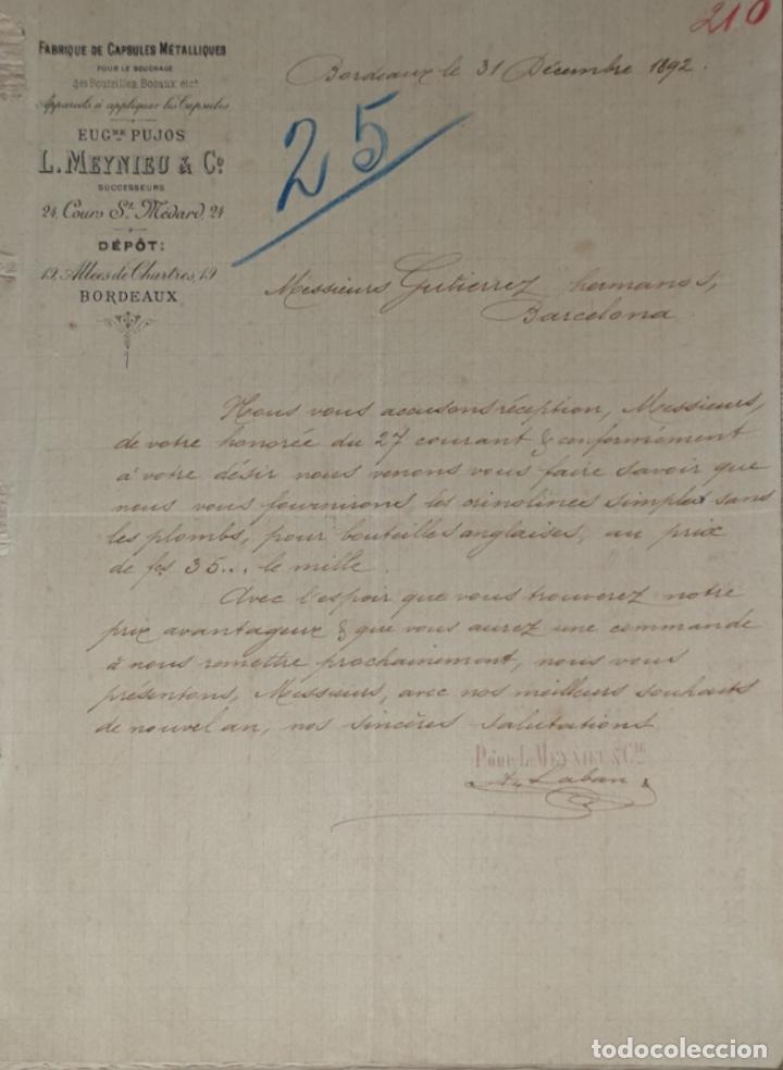 Commercial Letters: Carta comercial. L. Meynieu & C&ordm;. Fabrique de Capsules Metalliques. Bordeaux 1892