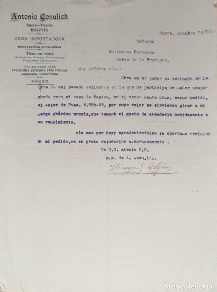 Commercial Letters: Carta comercial. Antonio Cosulich. Sucre. Bolivia 1912