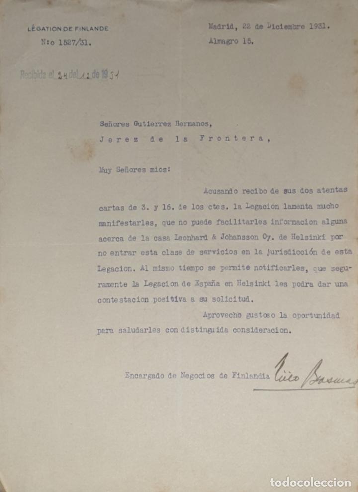 Commercial Letters: Carta comercial. L&eacute;gation de Finlande. Madrid. Espa&ntilde;a 1931
