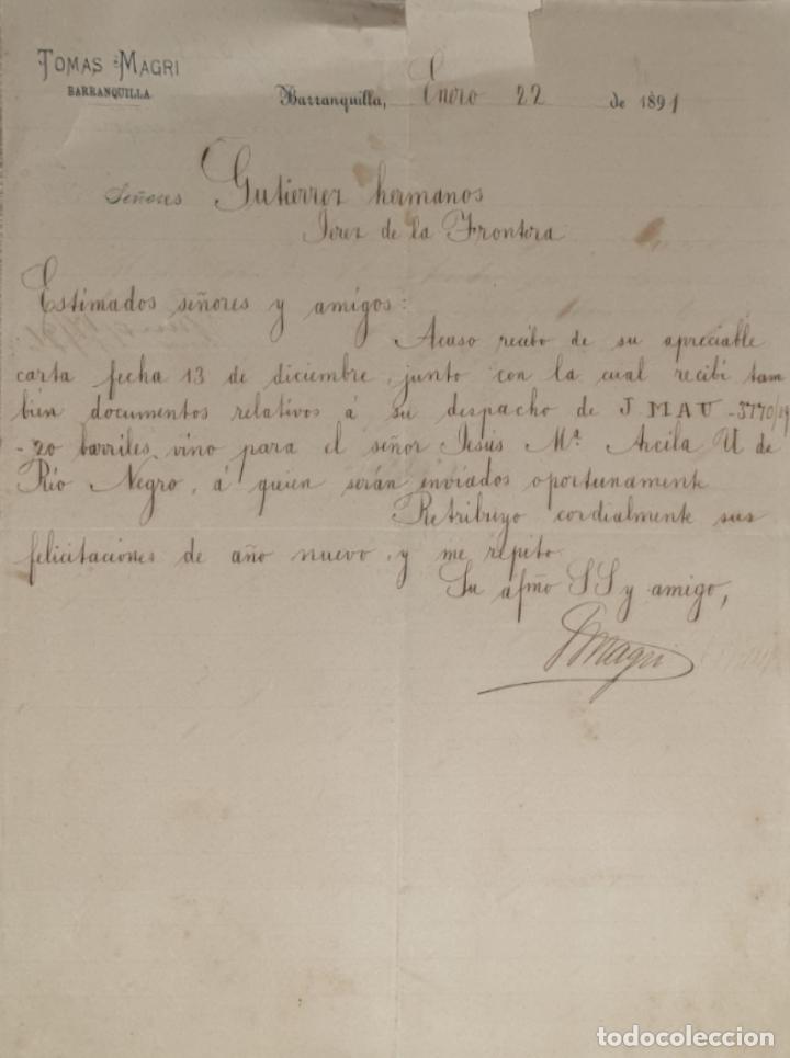 Commercial Letters: Carta comercial. Tom&aacute;s Magri. Barranquilla. Colombia 1891