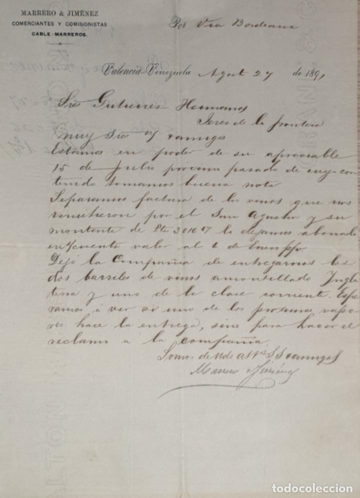 Gesch&auml;ftsbriefe: Carta comercial. Marrero & Jim&eacute;nez. Comerciantes y Comisionistas. Valencia. Venezuela 1891