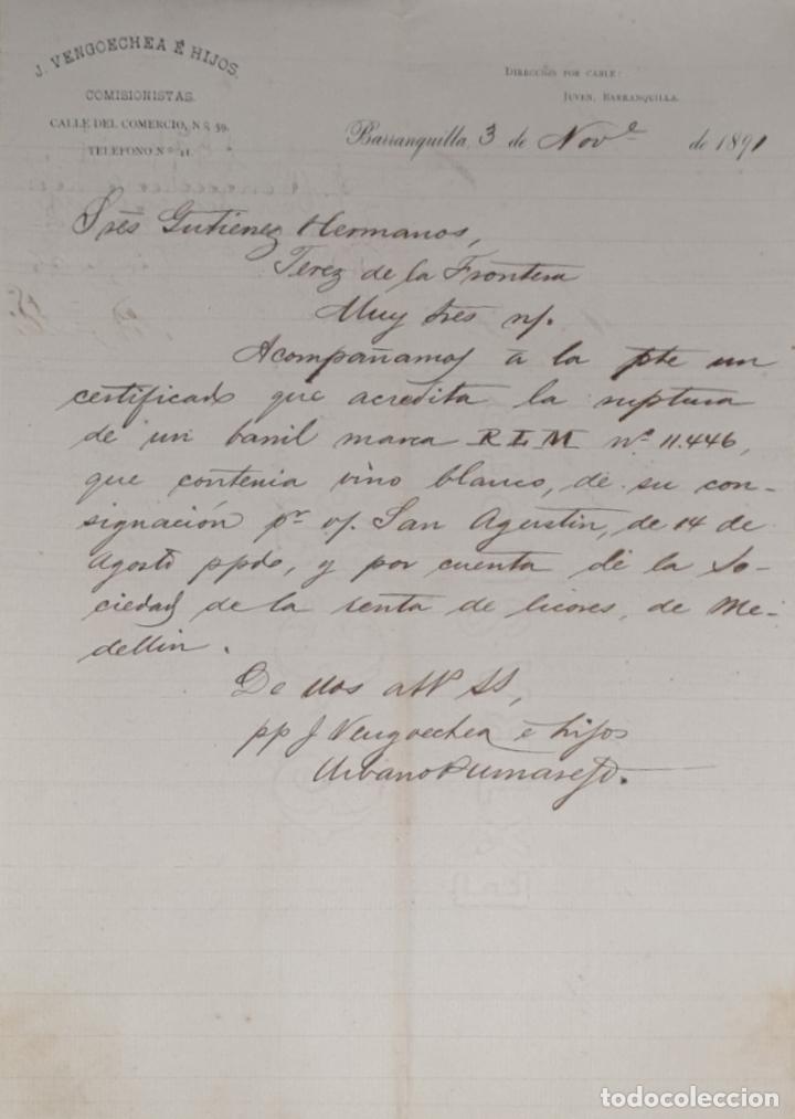Commercial Letters: carta comercial. J. Vengoechea &eacute; hijos. Comisionistas. Barranquilla. Colombia 1891