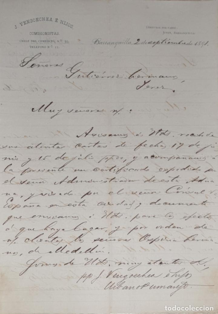 Commercial Letters: carta comercial. J. Vengoechea &eacute; hijos. Comisionistas. Barranquilla. Colombia 1891