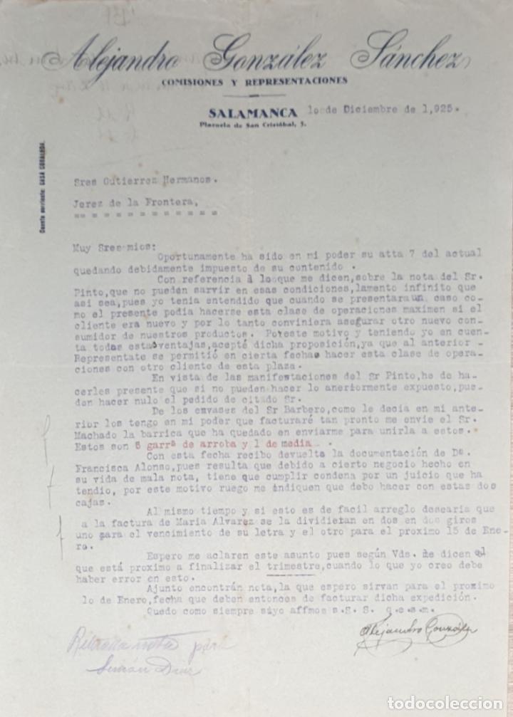 Commercial Letters: Carta comercial. Alejandro Gonz&aacute;lez S&aacute;nchez. Comisiones y Representaciones. Salamanca. 1925